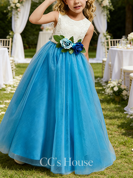 A-line Romantic Scoop Floor-Length Lace Tulle Flower Girl Dress With Sash 3D Floral