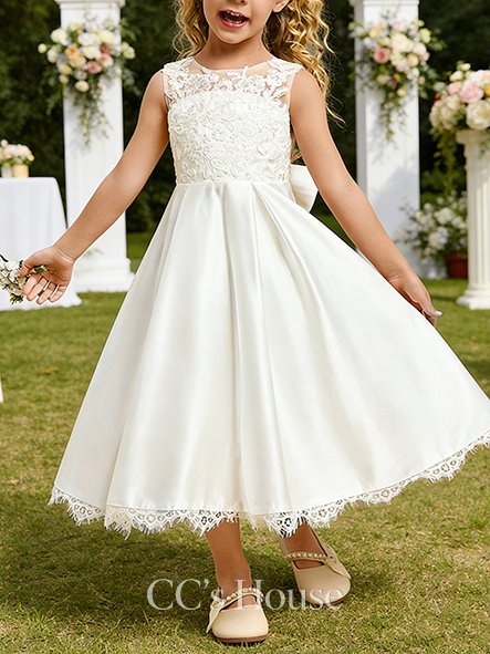 A-line Sweet Scoop Tea-Length Satin Lace Flower Girl Dress With Bow