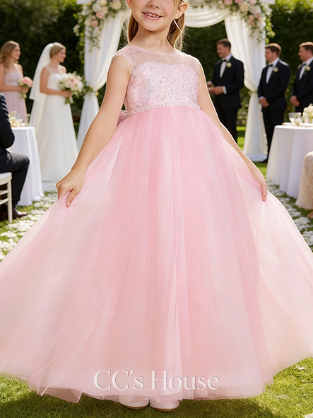 A-line Sparkly Scoop Floor-Length Tulle Sequin Flower Girl Dress With Bow