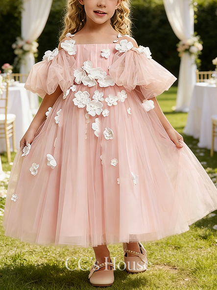 A-line Whimsical Cold Shoulder Tea-Length Tulle Flower Girl Dress With 3D Floral