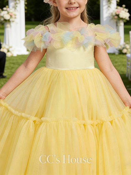 A-line Modern Cold Shoulder Floor-Length Satin Tulle Flower Girl Dress