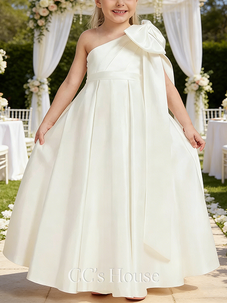 A-line Elegant One Shoulder Floor-Length Satin Flower Girl Dress With Bow