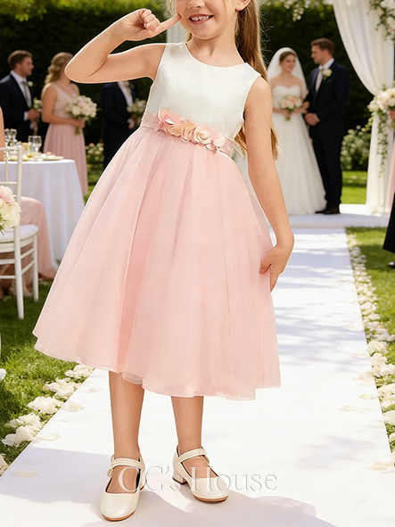 A-line Dreamy Scoop Tea-Length Satin Tulle Flower Girl Dress With 3D Floral