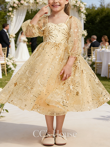 A-line Shiny Sweetheart Tea-Length Lace Flower Girl Dress With Sequins