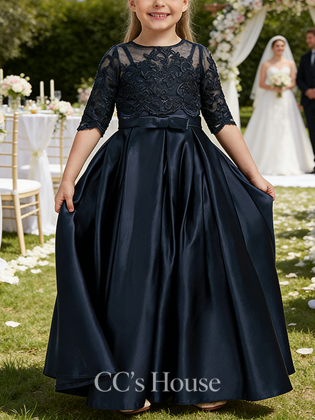 A-line Luxury Sweetheart Floor-Length Satin Tulle Lace Flower Girl Dress