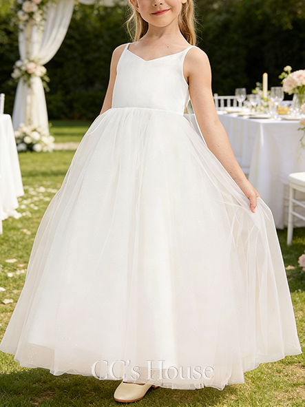 A-line Graceful Cold Shoulder Floor-Length Tulle Satin Flower Girl Dress With Bow