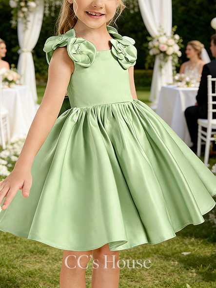 A-line Delicate Square Knee-Length Satin Flower Girl Dress With 3D Floral Bow