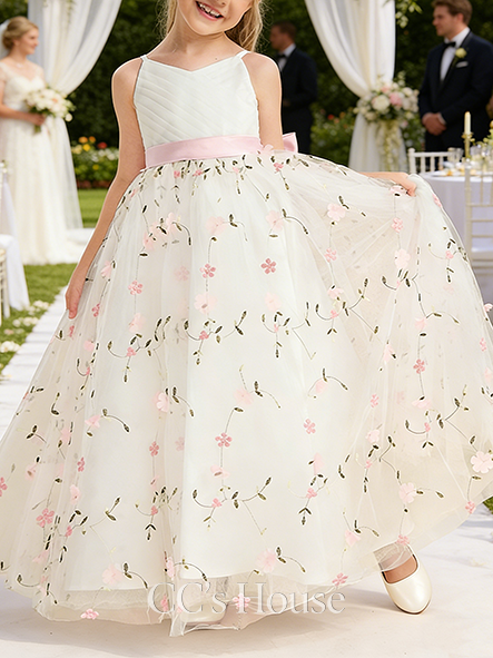 A-line Elegant V-Neck Floor-Length Satin Lace Floral Flower Girl Dress With Bow