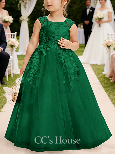 A-line Gorgeous Scoop Floor-Length Tulle Flower Girl Dress With Sequins Cape