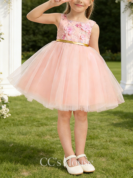 A-line Glittery Square Knee-Length Lace Tulle Sequin Flower Girl Dress With Bow 3D Floral