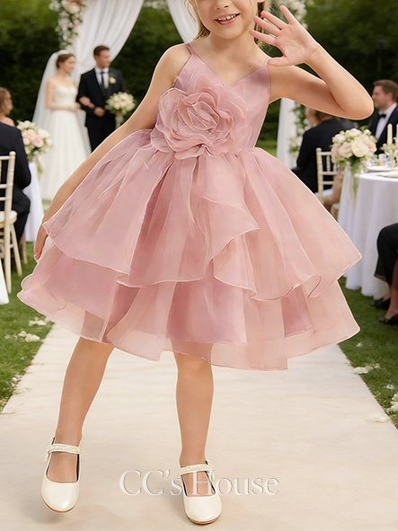 A-line Airy V-Neck Knee-Length Organza Flower Girl Dress With 3D Floral