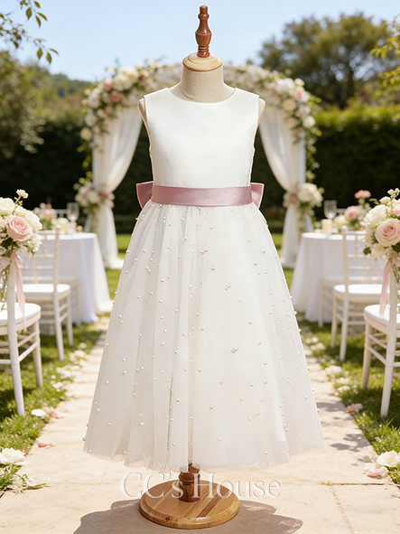 A-line Exquisite Scoop Tea-Length Satin Tulle Flower Girl Dress With Sash Bow Beading