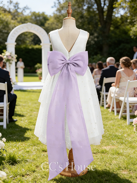A-line Fancy Scoop Tea-Length Satin Tulle Flower Girl Dress With Sash Beading Bow