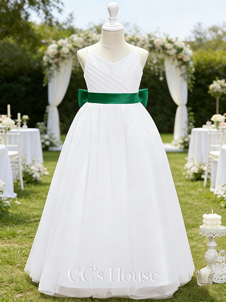 A-line Graceful V-Neck Floor-Length Satin Tulle Flower Girl Dress With Sash