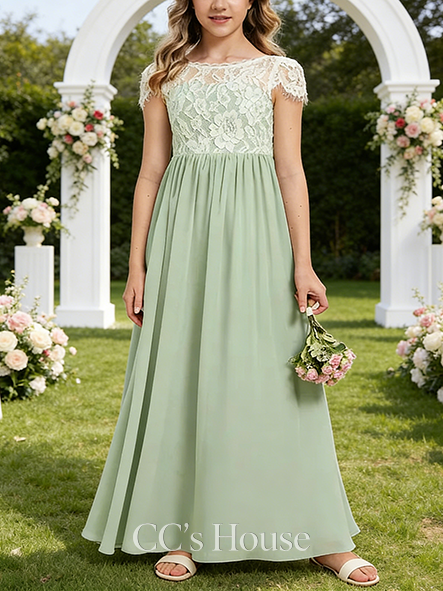 A-line Elegant Scoop Floor-Length Chiffon Lace Junior Bridesmaid Dress