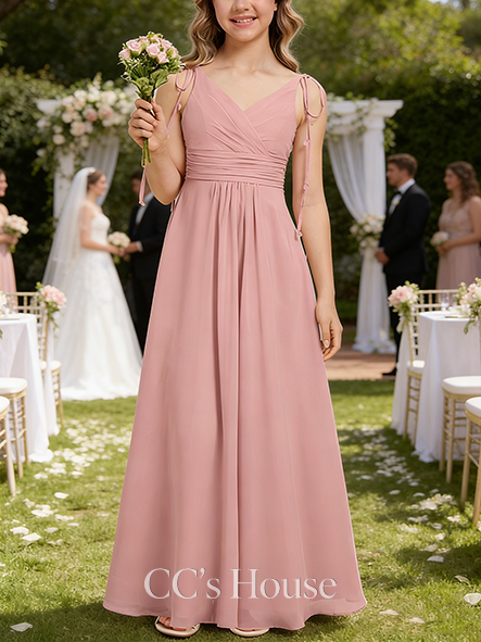 A-line Graceful V-Neck Floor-Length Chiffon Junior Bridesmaid Dress