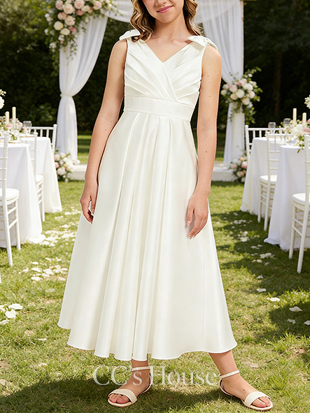 A-line Sleek V-Neck Ankle-Length Satin Junior Bridesmaid Dress