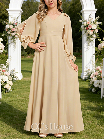 A-line Sweet V-Neck Floor-Length Chiffon Junior Bridesmaid Dress With Bow