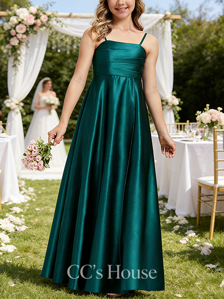 A-line Sleek Square Floor-Length Stretch Satin Junior Bridesmaid Dress