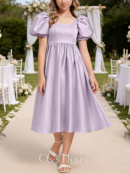 A-line Elegant Square Tea-Length Satin Junior Bridesmaid Dress