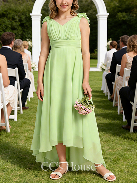 A-line Chic V-Neck Asymmetrical Chiffon Junior Bridesmaid Dress