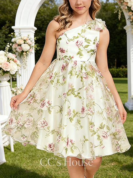 A-line Blooming One Shoulder Knee-Length Floral Junior Bridesmaid Dress