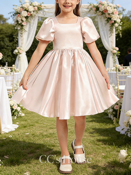 A-line Sleek Square Knee-Length Stretch Satin Flower Girl Dress With Bow