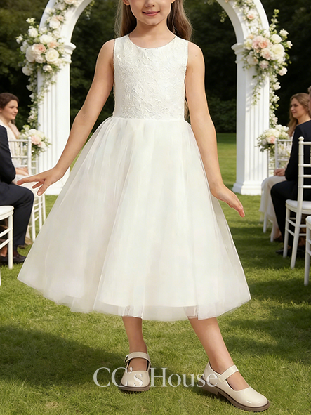 A-line Sweet Scoop Tea-Length Tulle Lace Flower Girl Dress With Bow