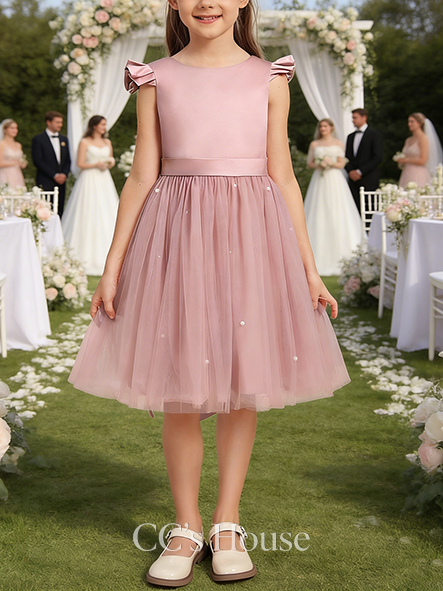 A-line Gorgeous Scoop Knee-Length Satin Tulle Flower Girl Dress With Bow Beading