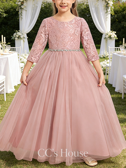 A-line Beaded Scoop Floor-Length Tulle Flower Girl Dress With Beading