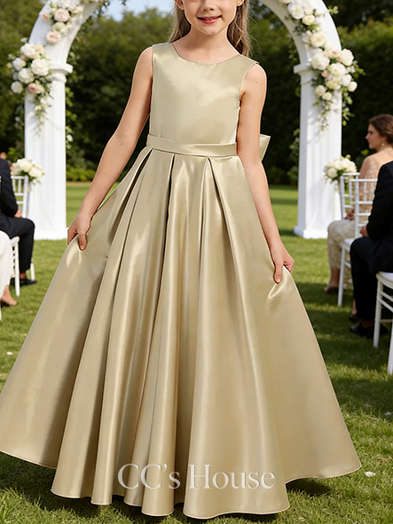 A-line Timeless Scoop Floor-Length Satin Flower Girl Dress With Bow