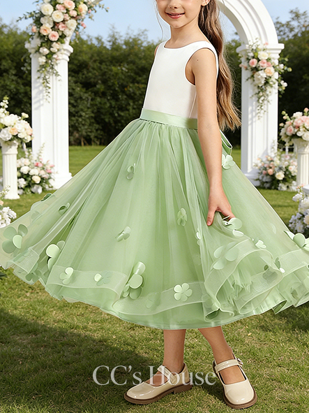A-line Magical Scoop Tea-Length Tulle Satin Flower Girl Dress With Bow 3D Floral