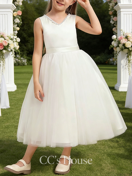 A-line Elegant V-Neck Tea-Length Tulle Satin Flower Girl Dress With Bow