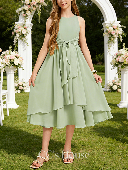 A-line Light Scoop Tea-Length Chiffon Junior Bridesmaid Dress