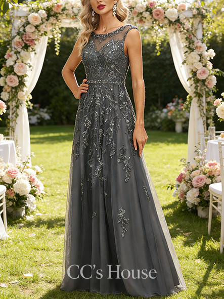 Fall A-line Elegant Scoop Illusion Floor-Length Lace Tulle Mother of the Bride Dress With Sequins Beading