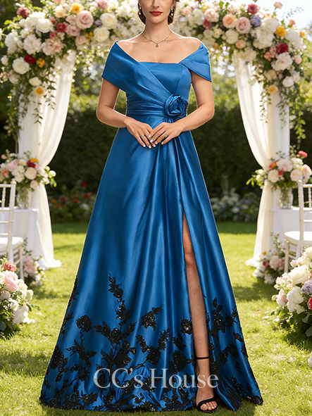 Black Tie Event A-line Elegant Off the Shoulder Floor-Length Satin Mother of the Bride Dress With Appliques Lace Cape 3D Floral Sequins Pleated