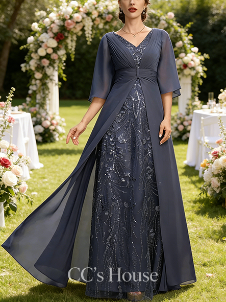 Wedding Guest A-line Elegant V-Neck Floor-Length Lace Chiffon Mother of the Bride Dress With Pleated
