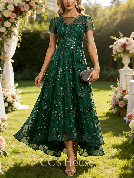 Fall A-line Elegant Scoop Illusion Asymmetrical Sequin Lace Mother of the Bride Dress