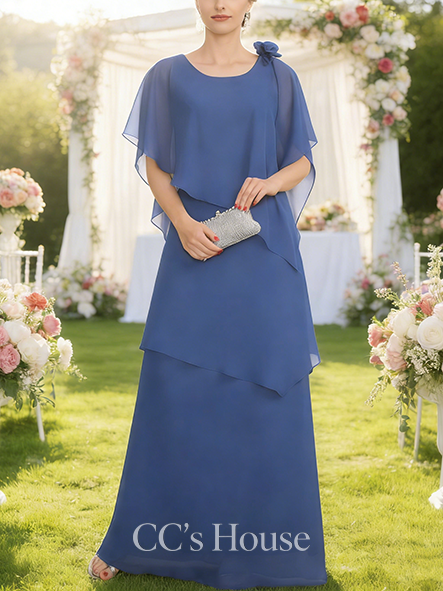 A-line Luxury Scoop Floor-Length Chiffon Mother of the Bride Dress With Cape 3D Floral
