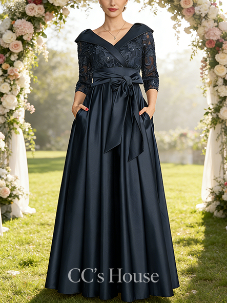 A-line Luxury Collared V-Neck Floor-Length Satin Lace Mother of the Bride Dress With Sequins Bow