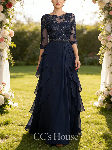 Wedding Guest A-line Luxury Scoop Illusion Floor-Length Chiffon Lace Mother of the Bride Dress With Sequins Beading