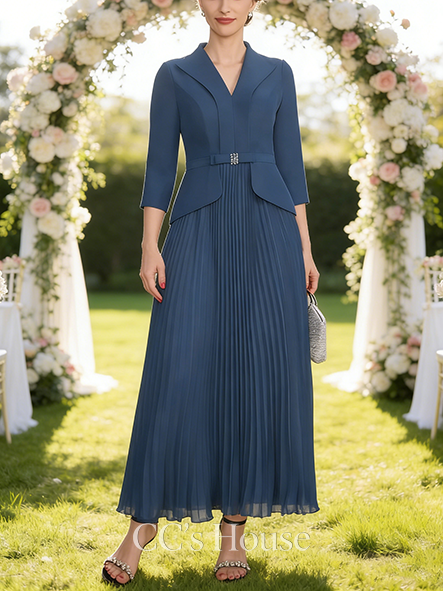 New Arrival A-line Luxury Collared V-Neck Ankle-Length Chiffon Mother of the Bride Dress With Beading Pleated