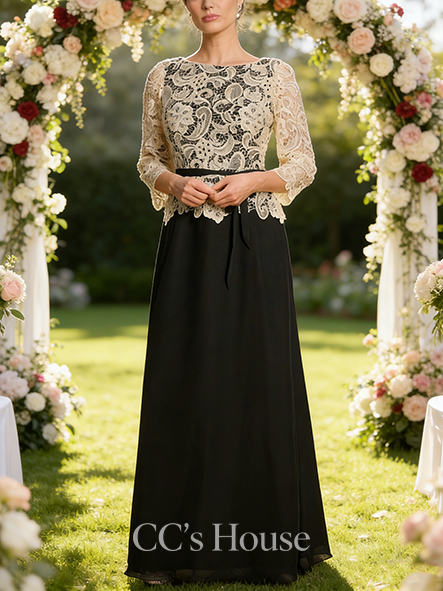 Black Tie Event A-line Luxury Scoop Floor-Length Lace Chiffon Mother of the Bride Dress With Bow