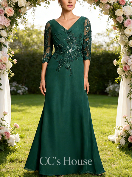 A-line Luxury V-Neck Floor-Length Chiffon Lace Mother of the Bride Dress With Sequins Rhinestone