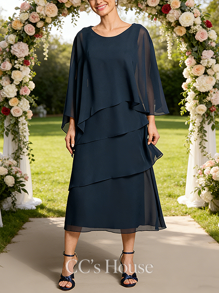 Fall A-line Luxury Scoop Tea-Length Chiffon Mother of the Bride Dress With Cape