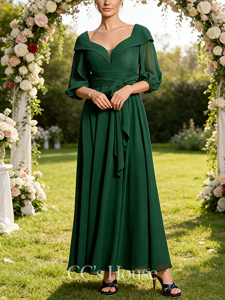 A-line Luxury V-Neck Ankle-Length Chiffon Mother of the Bride Dress With Bow Sequins Appliques Lace