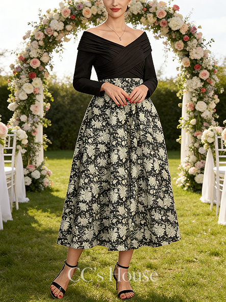 New Arrival A-line Luxury Off the Shoulder Tea-Length Jacquard Chiffon Mother of the Bride Dress With Pleated