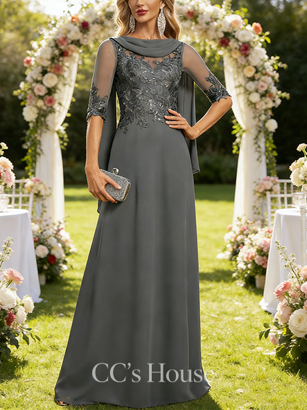 Fall A-line Elegant Scoop Floor-Length Lace Chiffon Mother of the Bride Dress With Sequins Pleated