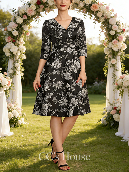 Wedding Guest A-line Luxury V-Neck Knee-Length Jacquard Floral Mother of the Bride Dress