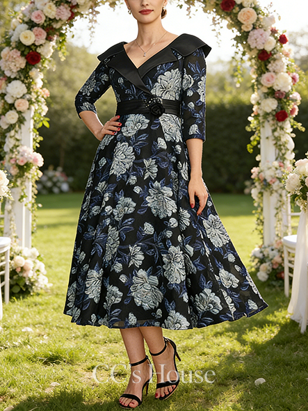 A-line Luxury Collared V-Neck Tea-Length Satin Floral Mother of the Bride Dress With Sequins 3D Floral Beading Pleated